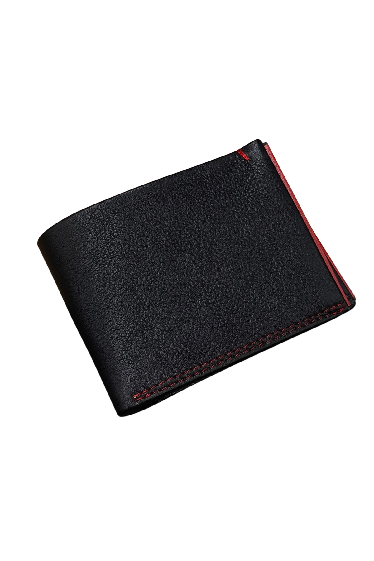 Black Leather Bifold Wallet with Red Stitching