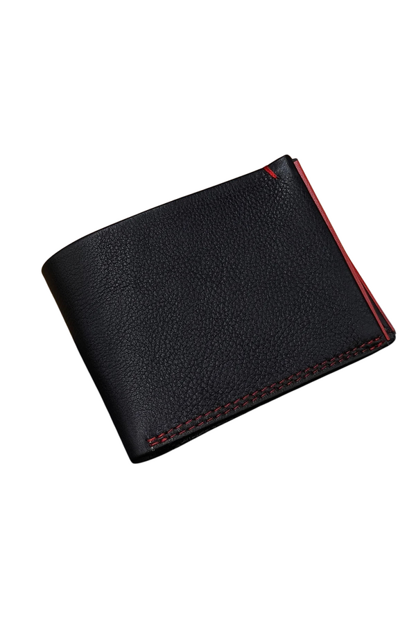 Black Leather Bifold Wallet with Red Stitching
