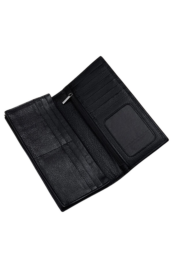 Men’s Black Leather Long Wallet – Slim Checkbook Style