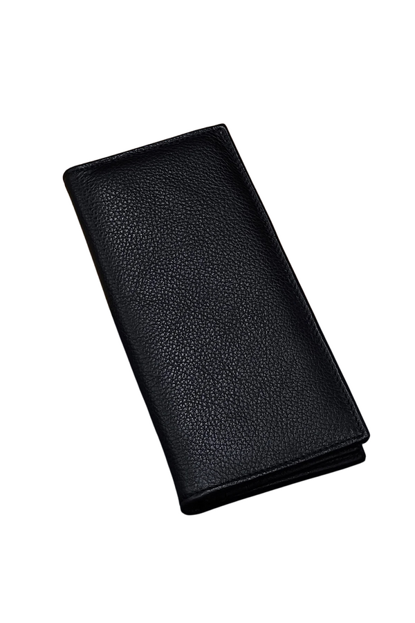 Men’s Black Leather Long Wallet – Slim Checkbook Style