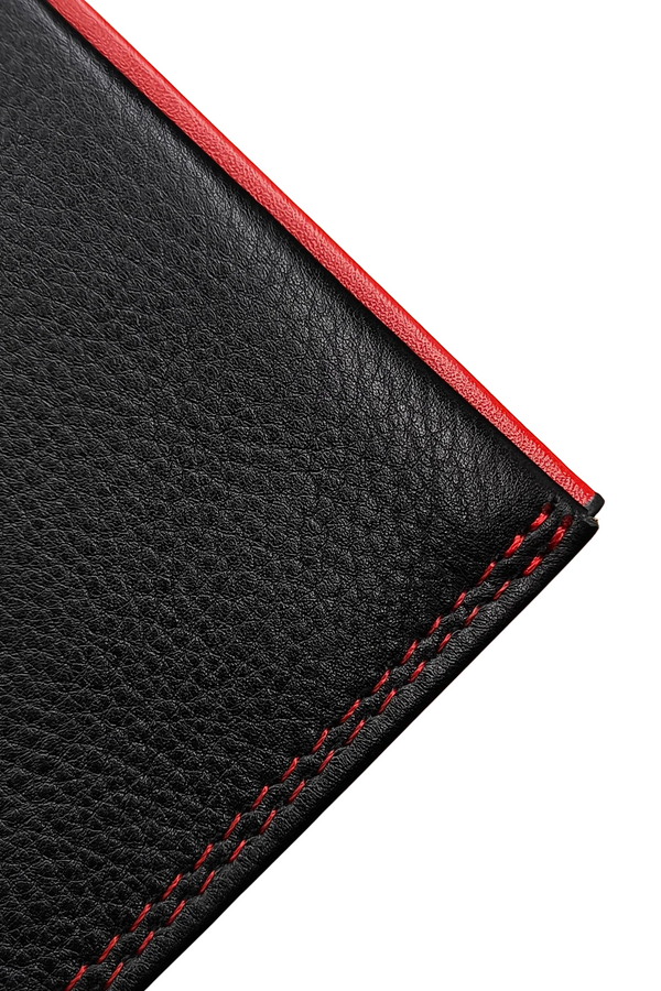Black Leather Bifold Wallet with Red Stitching