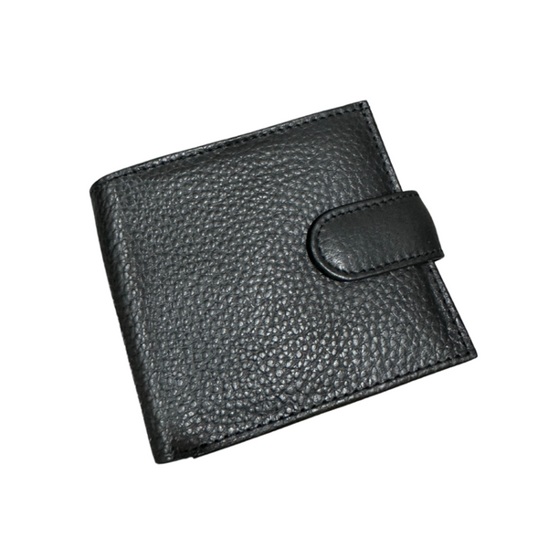 Men's Classic Black Pebbled Leather Bifold Wallet with Snap Closure
