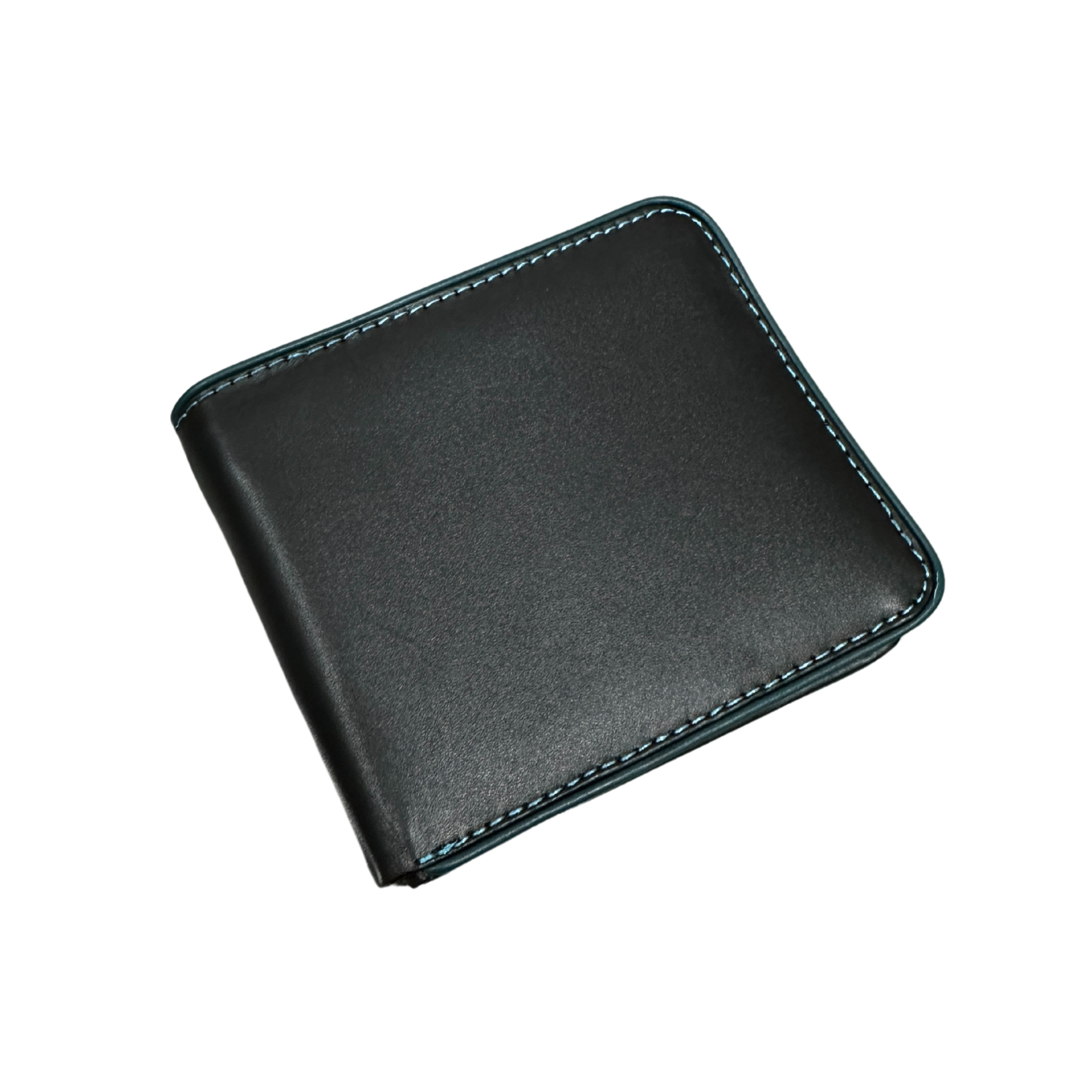 Men’s Minimalist Leather Wallet – Black Bifold with Teal Stitch Detail