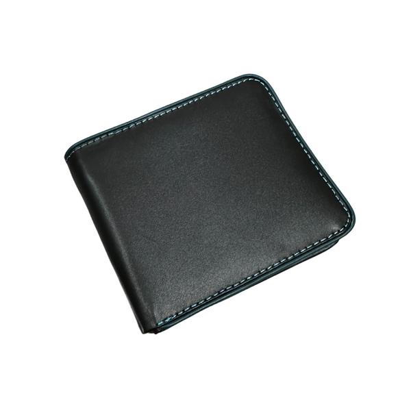 Men’s Minimalist Leather Wallet – Black Bifold with Teal Stitch Detail