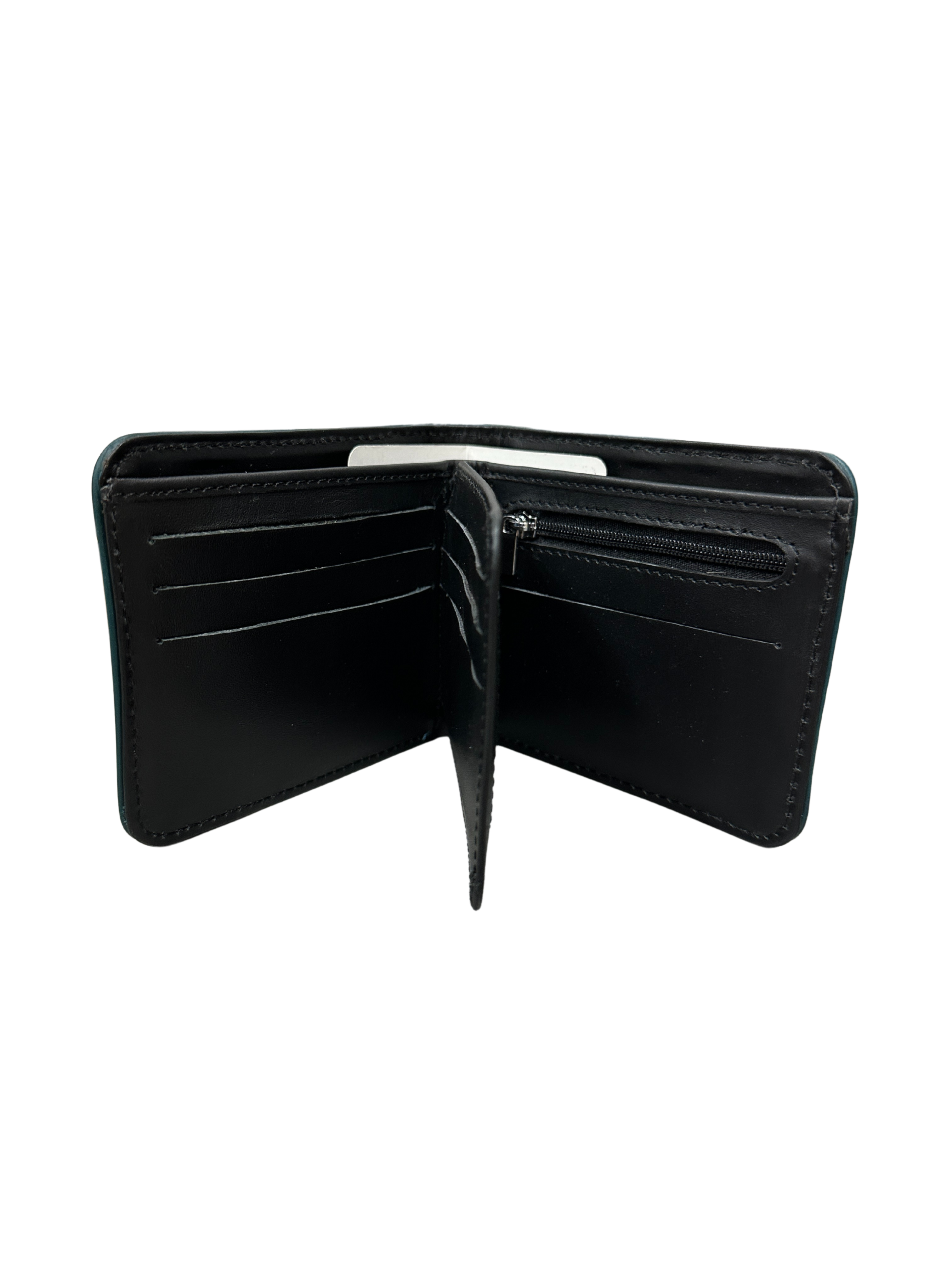 Men’s Minimalist Leather Wallet – Black Bifold with Teal Stitch Detail