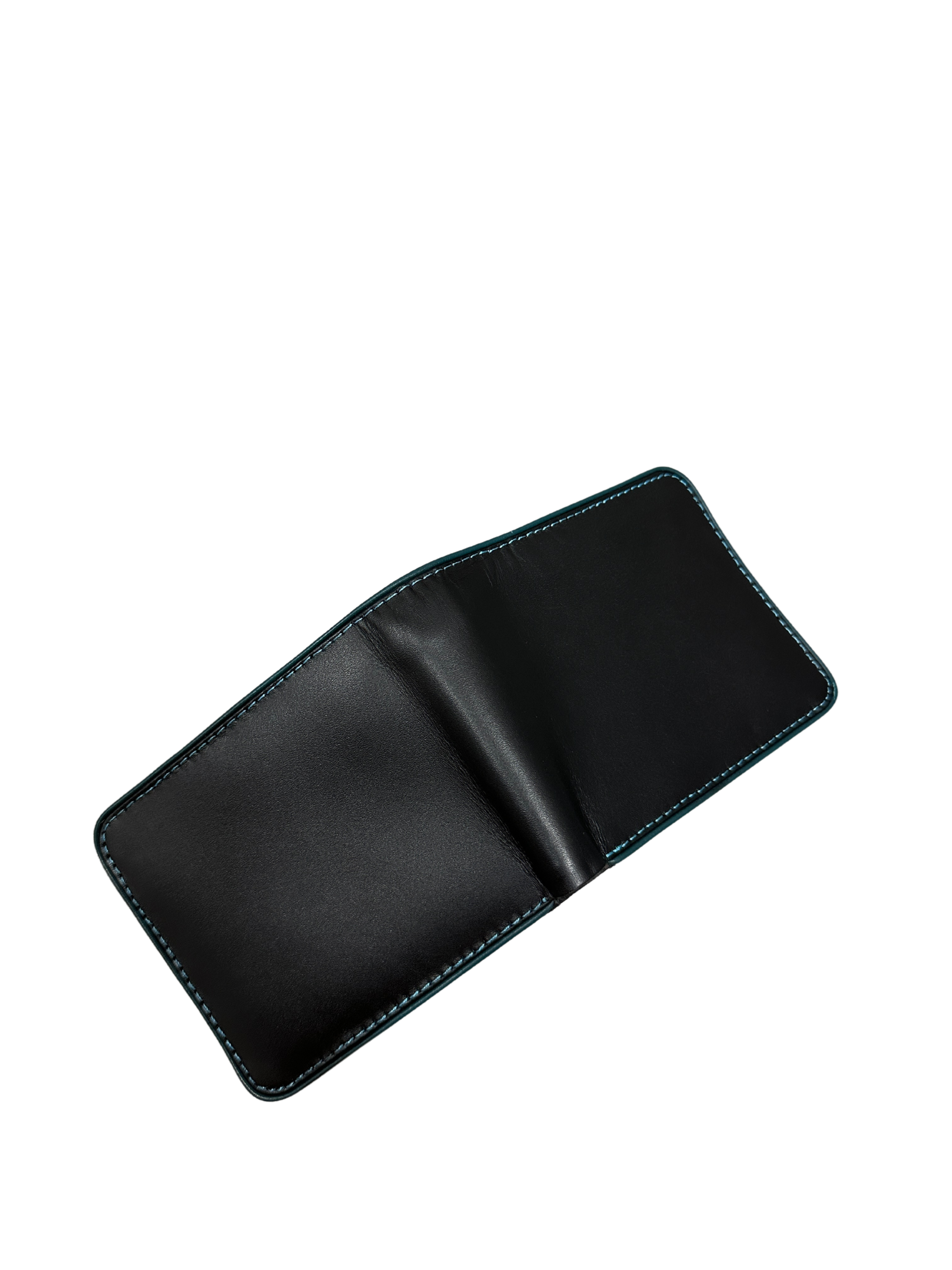 Men’s Minimalist Leather Wallet – Black Bifold with Teal Stitch Detail