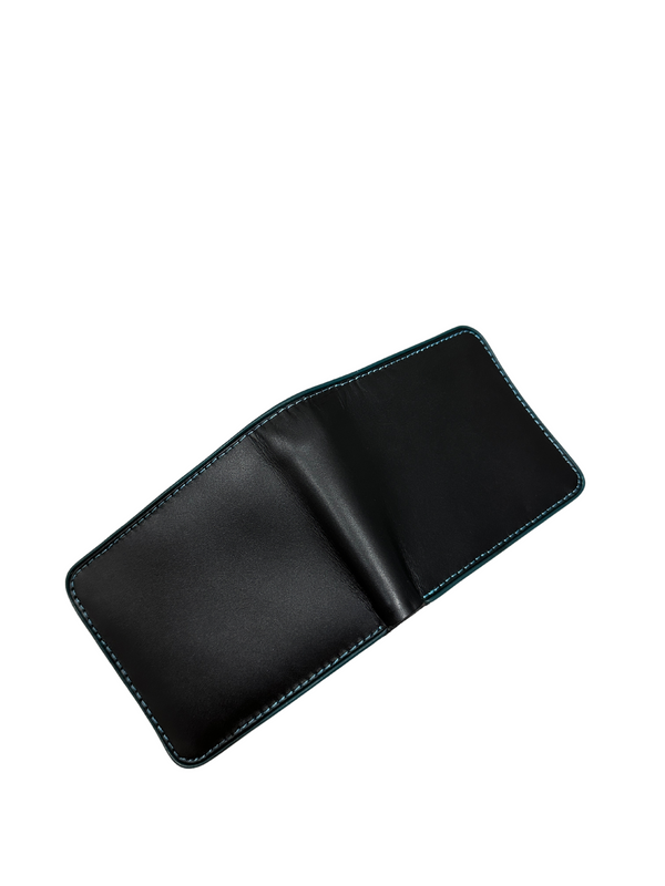 Men’s Minimalist Leather Wallet – Black Bifold with Teal Stitch Detail